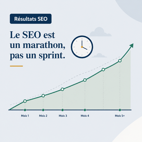 Illustration représentant le délai des résultats SEO avec une progression de visibilité et de trafic dans le temps