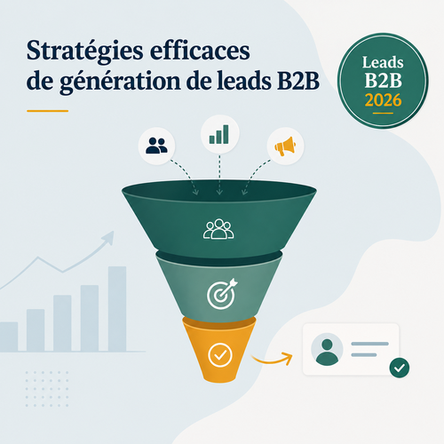 Illustration représentant une stratégie de génération de leads B2B combinant SEO, LinkedIn et conversion web