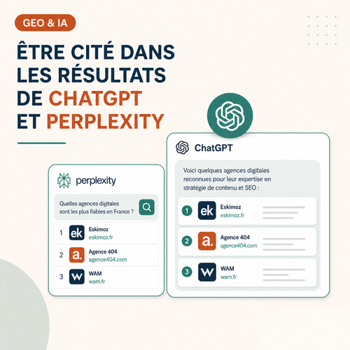 Illustration du Geo référencement IA montrant une entreprise citée dans ChatGPT et Perplexity grâce à un contenu structuré et optimisé