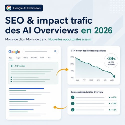 Illustration des impacts des Google AI Overviews SEO sur le trafic organique et la visibilité des sites en 2026