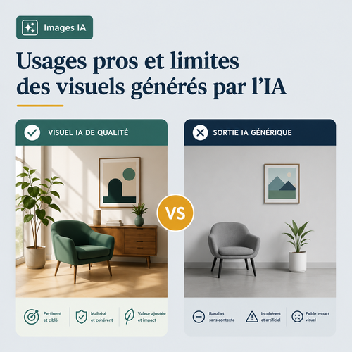 Illustration représentant des images IA utilisées sur un site web professionnel avec comparaison entre visuels crédibles et rendus artificiels