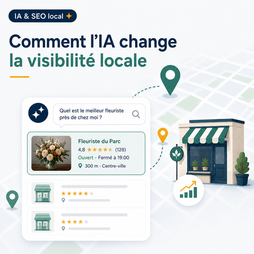 Illustration du SEO local assisté par IA pour les TPE et PME avec carte Google et visibilité locale
