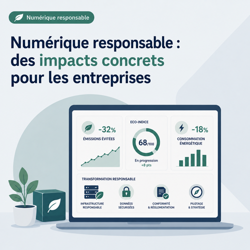 Illustration représentant les enjeux du numérique responsable en entreprise avec interfaces sobres et indicateurs de performance