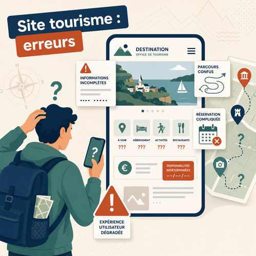 Illustration d'un site d'office de tourisme avec erreurs de navigation mobile et informations pratiques difficiles à trouver