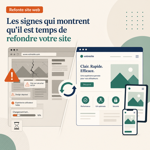 Illustration des signaux indiquant qu’une refonte de site internet devient nécessaire pour améliorer performance, mobile et conversion