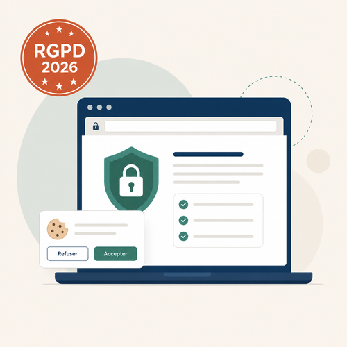 Illustration d’une checklist RGPD site web 2026 avec cookies, sécurité et conformité des données