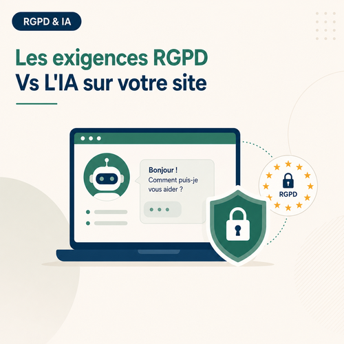 Illustration d’un chatbot IA sur un site web avec vérifications RGPD et conformité des données