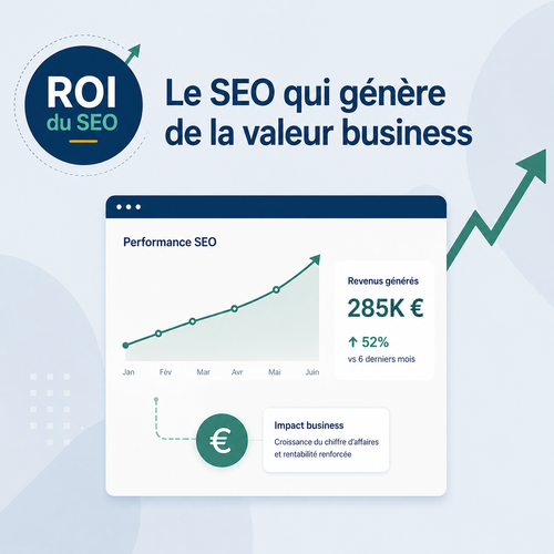 Illustration représentant le calcul du ROI SEO avec indicateurs de trafic, conversions et rentabilité marketing