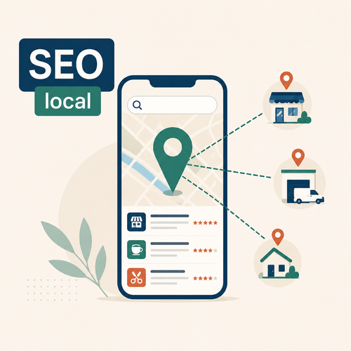 Illustration du SEO local avec une entreprise visible sur Google Maps et des signaux de référencement géolocalisés