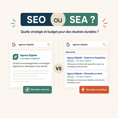 Illustration comparant stratégie SEO et campagnes SEA pour arbitrer un budget marketing digital