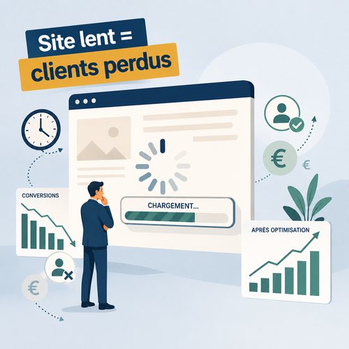 Illustration d'un site web lent avec indicateurs de performance et perte de visiteurs