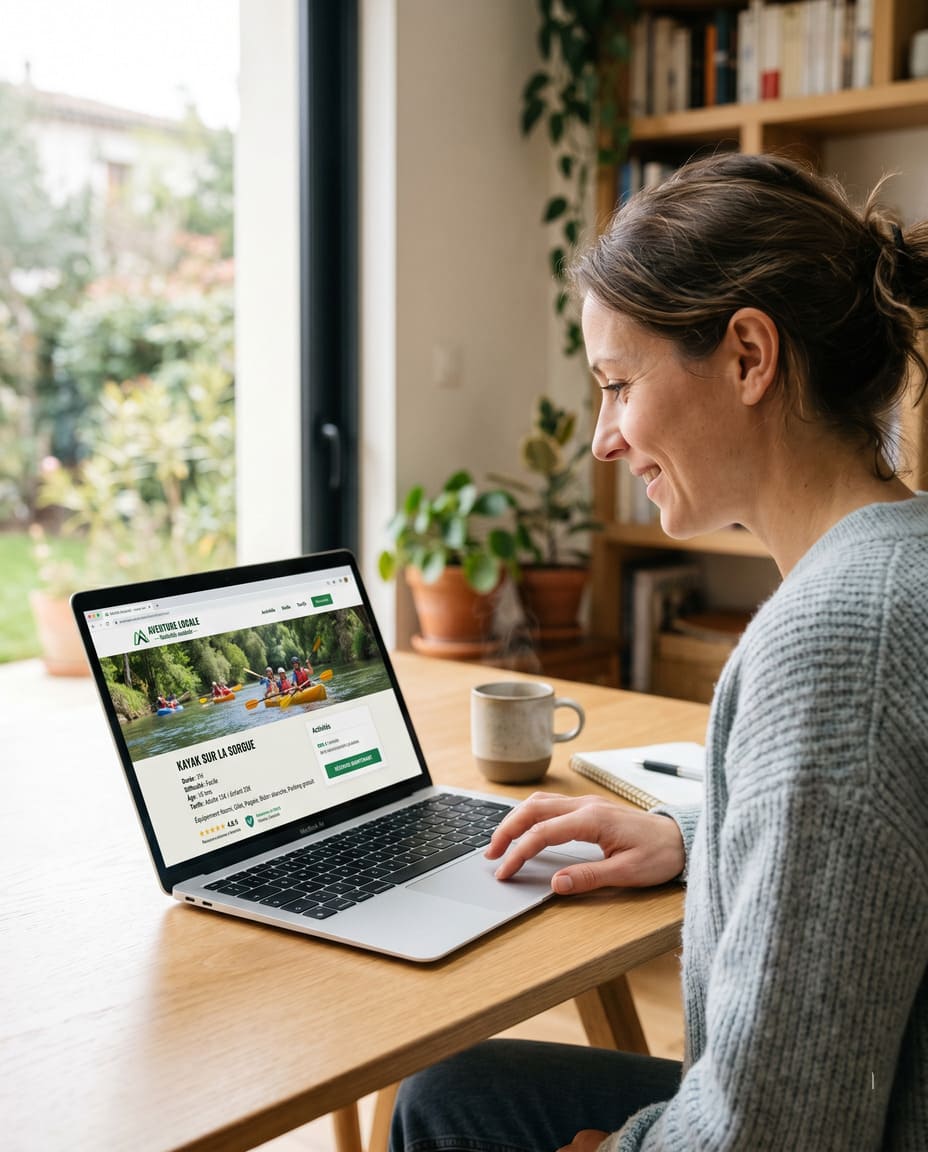 Interface de site internet d'activités de loisirs avec présentation de l'offre et informations pratiques