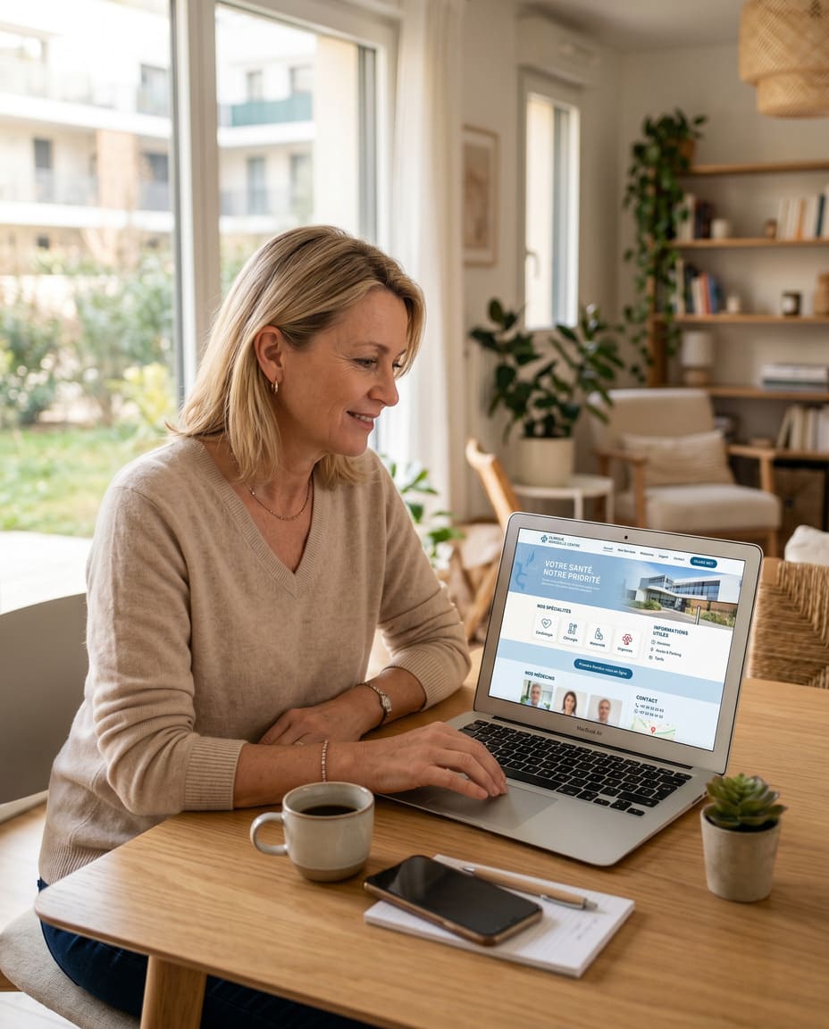 Interface de site web d'établissement de santé avec informations patients et parcours clairs