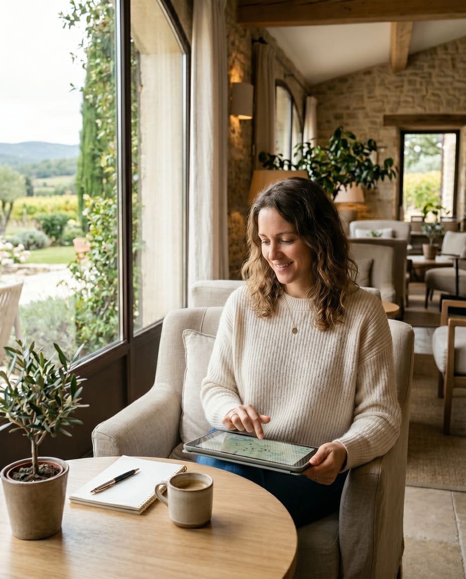 Interface de site internet d'hébergement touristique avec présentation de l'offre et informations pratiques