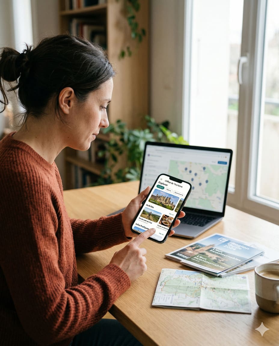 Interface de site internet d'office de tourisme avec informations pratiques et contenus de destination